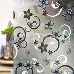 CVANU Privacy Window Film Printed Blue Flower Window Frosting Film Window Sticker Frosted Vinyl Sheets for Front Door/Bathroom/Sidelight/Small Windows, 24''x100''