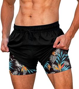 Cozople Mens Swim Trunks with Compression Liner Classic Black Swim Short Hawaiian Palm Tree Leaves Print Liner Board Shorts Swimsuits S