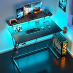 SEVEN WARRIOR Gaming Desk with LED Lights & Power Outlets, 31.5" Computer Desk with Monitor Shelf, Home Office Desk with Cup Holder and Headphone Hook, Ergonomic, Carbon Fiber Surface Black