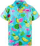 King Kameha Funky Hawaiian Shirt, Shortsleeve, Flamingo Melon, Turquoise, XXL