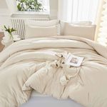 NANKO Beige Duvet Cover Set Queen, 3 pc - 90 x 90 Hotel Bed Luxury Hypoallergenic Microfiber Down Comforter Cover with Deco Buttons, Zip, Ties - Best Modern Style for Man and Women(Queen, Beige)