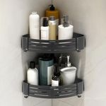 Plantex Aluminium Corner Shelf for Bathroom Wall/Self Adhesive Rack for Kitchen Corner with Removable Hooks & Magic Stickers/Bathroom Accessories Items (9x9 inches, Matt Grey) - Pack of 2