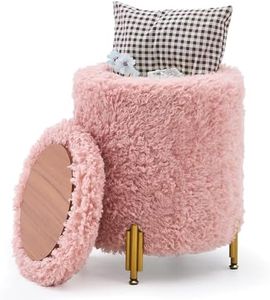 Mxfurhawa Round Ottoman Foot Stool with Storage and Metal Legs for Living Room Bedroom, Velvet Upholstered Footrest Stool Support 300lbs Modern Padded Seat Ottoman Coffee Table (Pink-Long Wool)