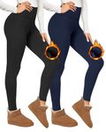 TNNZEET 2 Pack Fleece Lined Leggings Women UK Thermal Pants High Waisted for Gym Yoga in Winter(Black+Navy,S-M)