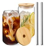 Jetcloud 2pcs Transparent Can Shaped Glass Cups with Bamboo Lids & Stainless Steel Straw 500ml Drinking Glasses Set for Cold Drink Juice Coffee Cocktail Whiskey Beer