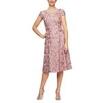 Alex Evenings Women's Tea Length Dress with Rosette Detail (Petite and Regular) Special Occasion, Rose, 18