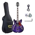 GROTE Jazz Electric Guitar Semi-Hollow Body Trapeze Tailpiece Bridge Guitar Gig Bag (Purple)