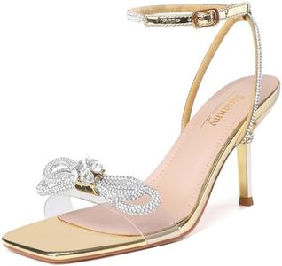Susanny Gold Heels for Women Rhinestone Wedding Strappy Sandals Sparkly Clear Bow Kitten Heels Sexy Ankle Strap Bridal Party Dress Shoes 10