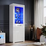 ELEGANT White Gloss Sideboards Cupboard Tall Display Cabinet Unit with LED Lights, 5-Tier Shelves Bookcase Furniture for Living Room Bedroom, H165xW60xD35cm