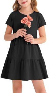HOOGRIN Girls Waffle Knit Button Detail Tiered Dresses Short Sleeve Casual Sun Beach Dress,Black,9-10 Years