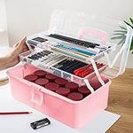 Ruucy Craft Storage Box with Compartments, 3 Layers Plastic Cantilever Craft Box, Art Storage Caddy Box Multipurpose Organiser for Medicine, Tools, Art Materials, Paints, Cosmetic(Pink)