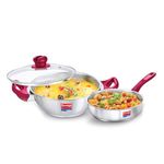 Prestige Stainless Steel 2 Pc Cookware Set with Glass Lid | Platina Popular | Fry Pan 24cm (2.25 L) | Kadai 24cm (2.8 L) | TRIPLY Base | Gas & Induction Compatible | Even Heating | 5Y Warranty | ISI