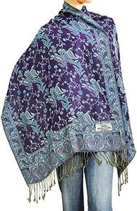 Falari Women's Woven Paisley Pashmina Shawl Wrap Scarf 80" x 27" (Style 1 - Dark Purple & Turquoise)