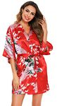 Vlazom Women Kimono Robes Satin Dressing Gown Peacock and Blossoms Nightwear Short Silk Bride Bridesmaid Robe Red,M