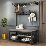 Industrial Hall Tree with 11 Hooks and 2-Tier Shoe Stand, Hallway Coat Rack Stand with Bench/Leather Cushion, Free Standing Coat Tree, Entryway Storage Shelf for Living Room