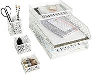 Blu Monaco Office Supplies White Desk Accessories for Women-6 Piece Interlocking Stylish Desk Organizer Set- Pen Cup, 3 Accessory Trays, 2 Letter Trays-White Office Paper Tray Holder