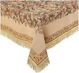 DaDa Bedding Wildflowers Tapestry Table Cloth - Beige Tan Woven Floral Botanical Wonderland Kitchen Dining w/Golden Fringe Tassels - Large Square Size 60" x 60"