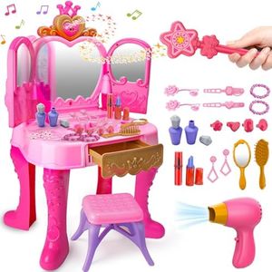 Toddler Vanity Magic Makeup Set Table and Chair Girl Toys Automatically Mirror with Music Light Pink Girls Toys 2 3 4 5 Year Old up Hair Salon Pretend Play Princess Dress Up Playset Gift Toddler 3-5