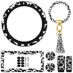 7 Pieces Cow Print Car Accessories Cow Steering Wheel Cover Cow License Plate Frame with Screws Cow Car Cup Holder Cow Keyring Bracelet Cow Non Slip Handbrake Cover Gear Shift Cover for Car Truck SUV