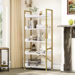 YITAHOME Bookcase 5 Tiers, Floor Standing Book Shelf, Wooden Shelf and Stable Steel Frame Shelving Units with 4 Hooks Industrial Storage Shelf for Living Room, Home Office, Gold Bookshelf