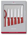 Victorinox Swiss Made Stainless Steel Swiss Classic Kitchen Knife Set (6 Pcs), Straight and Wavy Edge Knives with Stainless Steel Universal Peeler, Red | Multipurpose Kitchen Tools 6.7111.6G