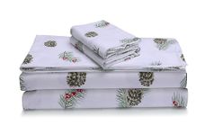 Tribeca Living 100% Cotton King Flannel Bed Sheet Set, Ultra-Soft Portuguese Flannel Sheets, Extra Deep Pocket 4-Piece Bedding Set, 170-GSM Cozy Flannel, Pine Cones and Berries Printed