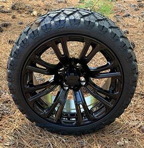 14" VOODOO Gloss Black Golf Cart Wheels and 20x8.50-14 STINGER DOT All Terrain Golf Cart Tires Combo - Set of 4