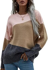 ECOWISH Women Sweater Dropped Shoulder Color Block Pullover Sweaters Long Sleeve Crewneck Patchwork Knit Casual Loose Jumper Tops 216 Khaki Small