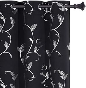 BUHUA Thermal Insulated Blackout Curtains with Striped Wave Vine Print Window Curtains for Kids Room 38W×72L Black 2 Panels