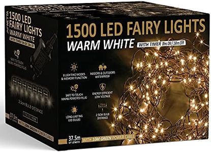 Christmas Tree Lights 1500 LED 37.5m Warm White - 2.5cm Bulb Distance Fairy String Lights Plug in with Timer and Memory Functions - Suitable for Outdoor/Indoor Use