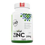 PlantVital Zinc Supplements - High Potency 50mg - Immune Support, Healthy Bones, Hair, Nail and Skin with Zinc Gluconate - Canadian Made, Health Canada Licensed - Additive-Free - 240 Zinc Tablets