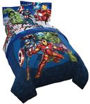 Marvel Avengers Blue Circle 5 Piece Full Bed Set - Includes Reversible Comforter & Sheet Set - Bedding Features Captain America & Iron Man - Fade Resistant Microfiber (Official Marvel Product)