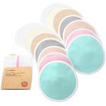 Organic Bamboo Nursing Breast Pads - 14 Washable Pads + Wash Bag - Breastfeeding Nipple Pad for Maternity - Reusable Nipplecovers for Breast Feeding (Pastel Touch Lite, Large 4.8")