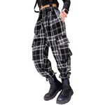 MEILONGER Girls Cargo Pants Kids Plaid Loose Street Joggers for Hip Hop Dance Size 8,10-12,14-16 (10-12, Black White)