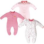 VParents Aqua Full Length Printed Baby Footies Sleepsuit Romper Pack of 3 - New Born (9-12 Months, Light Pink)