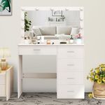 Udekoo White Vanity Desk with Mirror and Lights, Large Glass Top Hollywood Lighted Makeup Mirror, Bedroom Dressing Table with 5 Storage Drawers in Silver Handles