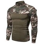 Men's 1/4 Zip Tactical Long Sleeve Shirt Military Style Combat Shirt with Pockets Airsoft Top Outdoor Clothing for Hunting Camping Hiking Green Camo