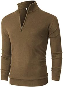 NITAGUT Mens Slim Fit Quarter Zip Mock Neck Polo Sweater Casual Long Sleeve Sweater and Turtleneck Pullover Dark Khaki, Medium