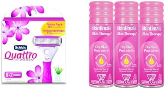 Schick Quattro Ultra Smooth Razor Blade Refills for Women Value Pack, 10 Count & Skintimate Skin Therapy Moisturizing Shave Gel for Women Dry Skin with Lanolin and Olive Butter, 7 Ounce Pack of 3