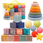 24 Pack Montessori Toys for Babies, Soft Building Blocks for Baby, Sensory Teethers Toy Educational Squeeze Play with Numbers Animals Shapes Textures 6 Months and Up