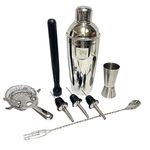 Dynore Stainless Steel 8 Pcs Multiutility Bar Set- Fork Bar Spoon, Delux Cocktail Shaker 750 ml, Black PVC Muddler, Cocktail Strainer, Tall Peg Measure 30/60 ml, 3 Wine Pourer Set of 8