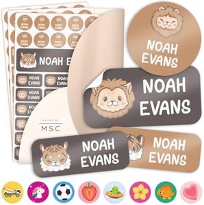 Personalized Daycare Name Labels for Kids, (128 Pack) Waterproof Custom Name Stickers for Clothing Tags, Lunch Boxes and School Supplies, Made in USA by MSC -Lion