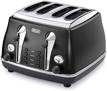 De'Longhi Icona Classic Toaster CTO4003BK, 4 Slot Toaster with Reheat and Defrost Functions, Separated Control Panels, 6 Browning Levels, Pull Crumbs Trays, Stainless Steel, 1800 W, Black