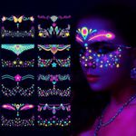 Glow in The Dark Temporary Tattoos, Fake Face Tattoos Stickers Makeup UV Blacklight Neon Floral Body Paint Flowers Butterfly Tattoo for Glow Party Adults Girls Women Festival Bar Party Supplies 8 Pcs