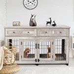 2 Rooms Dog Crate Furniture with Openable Partition,58" Wooden Dog Crate Table with 2 Drawers,5-Doors Dog Furniture,Indoor Dog Kennel,Dog House,Dog Cage,TV Stand (Grey)