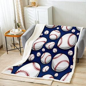 Baseball Fleece Throw Blanket Sports Theme Plush Blanket for Bed Couch Kids 3D Blue Ball Pattern Sherpa Blanket Breathable Baseball Games Warm Fuzzy Blanket Room Decor Twin 60"x80"