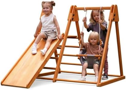 Avenlur 4-in-1 Juniper Outdoor Play Gym - Jungle Gym Playset with Baby Swing, Slide, Ladder, and Climbing Wall - Foldable Wooden Playset - Outdoor Jungle Gym for Kids Ages 18mo to 6yrs