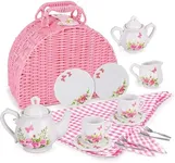 Jewelkeeper Tea Party Set for Little Girls - 18 Piece Toddler Tea Set with Floral Porcelain, Pink Wicker Basket, Utensils for Imaginative Pretend Play - Encourages Creativity and Social Skills