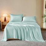 THXSILK Luxury Mulberry Silk Bed Sheets Set - 4pcs Silk Sheets Set 16" Deep Pocket - 1 Flat Sheet, 1 Fitted Sheet, 2 Pillowcases with Zipper Closure - Full, Light Blue