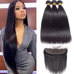 ROYAL IMPRESSION 12A Straight Bundles Human Hair with Frontal (16 18 20+14") 100% Unprocessed Brazilian Virgin Straight Human Hair 3 Bundles with Frontal Closure